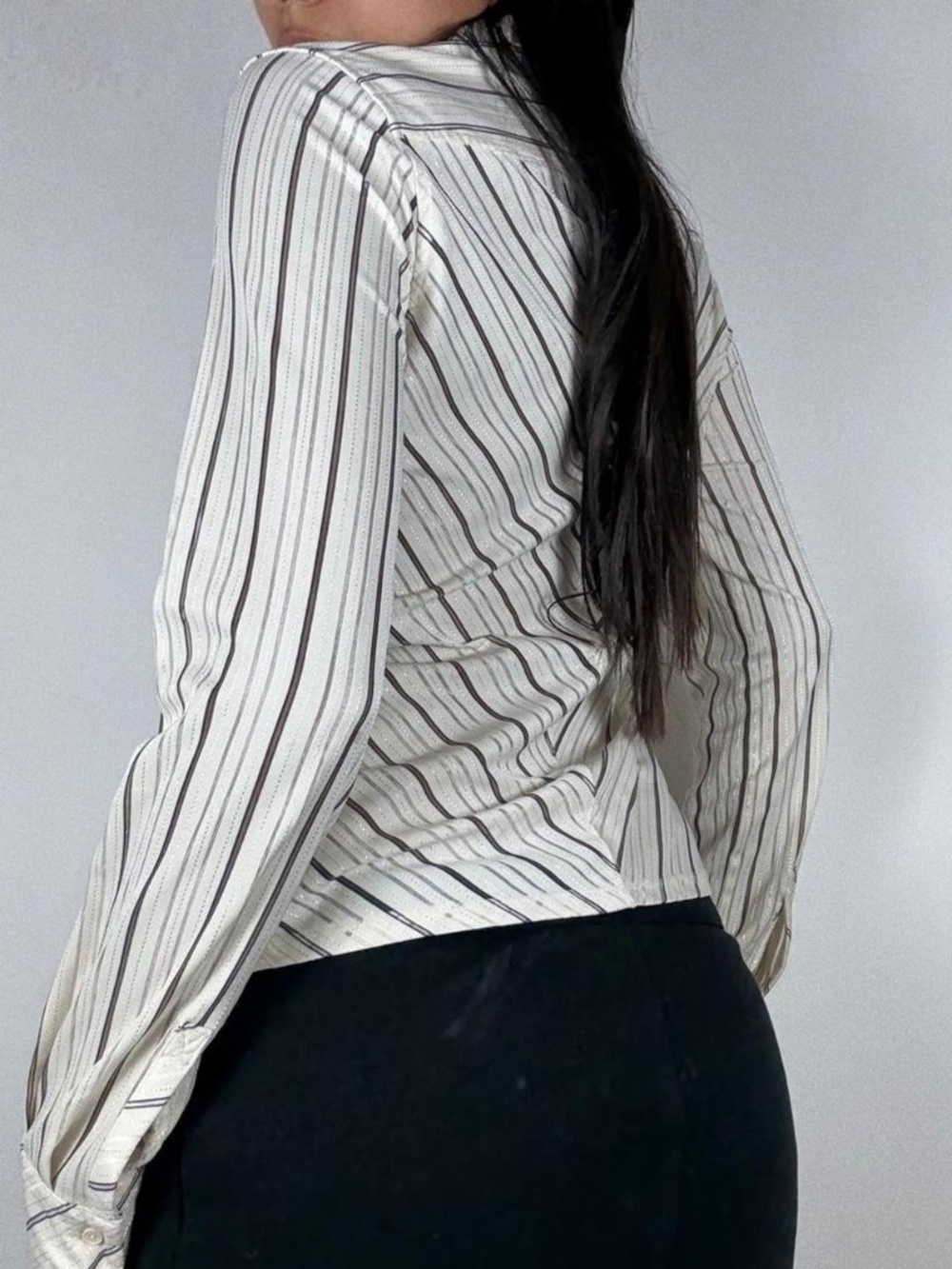 Y2K express black & white diagonal striped button up blouse - Picture 3 of 3